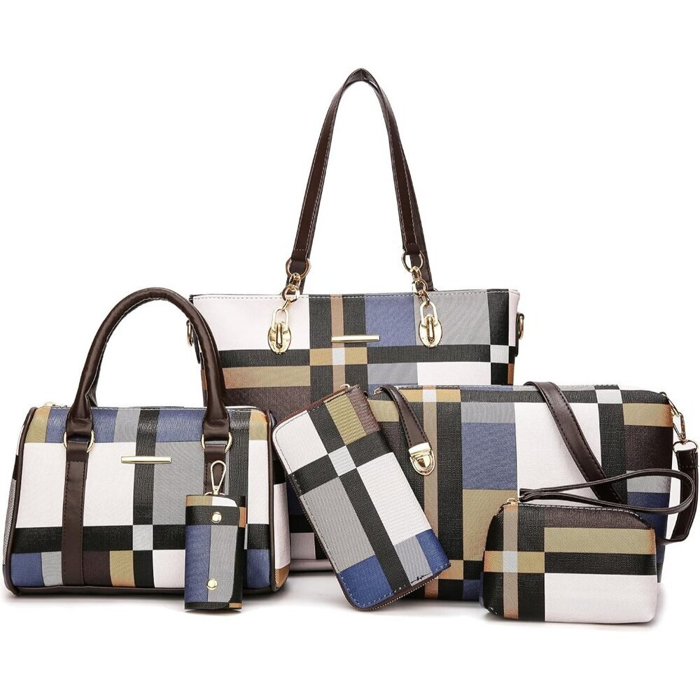 Women's Blue Faux leather Zipper Simple Stylish Top Handle 6pcs Tote Hand Bag
